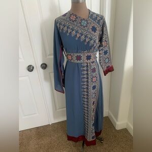 Elegant Blue Palestinian Embroidered Dress Thobe